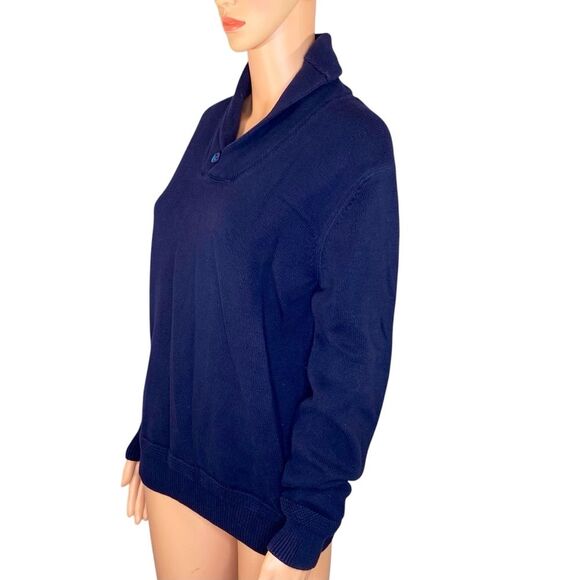 British Khaki Navy Blue Women's Sweater Size Medium High Neck Button Detail - Picture 2 of 5